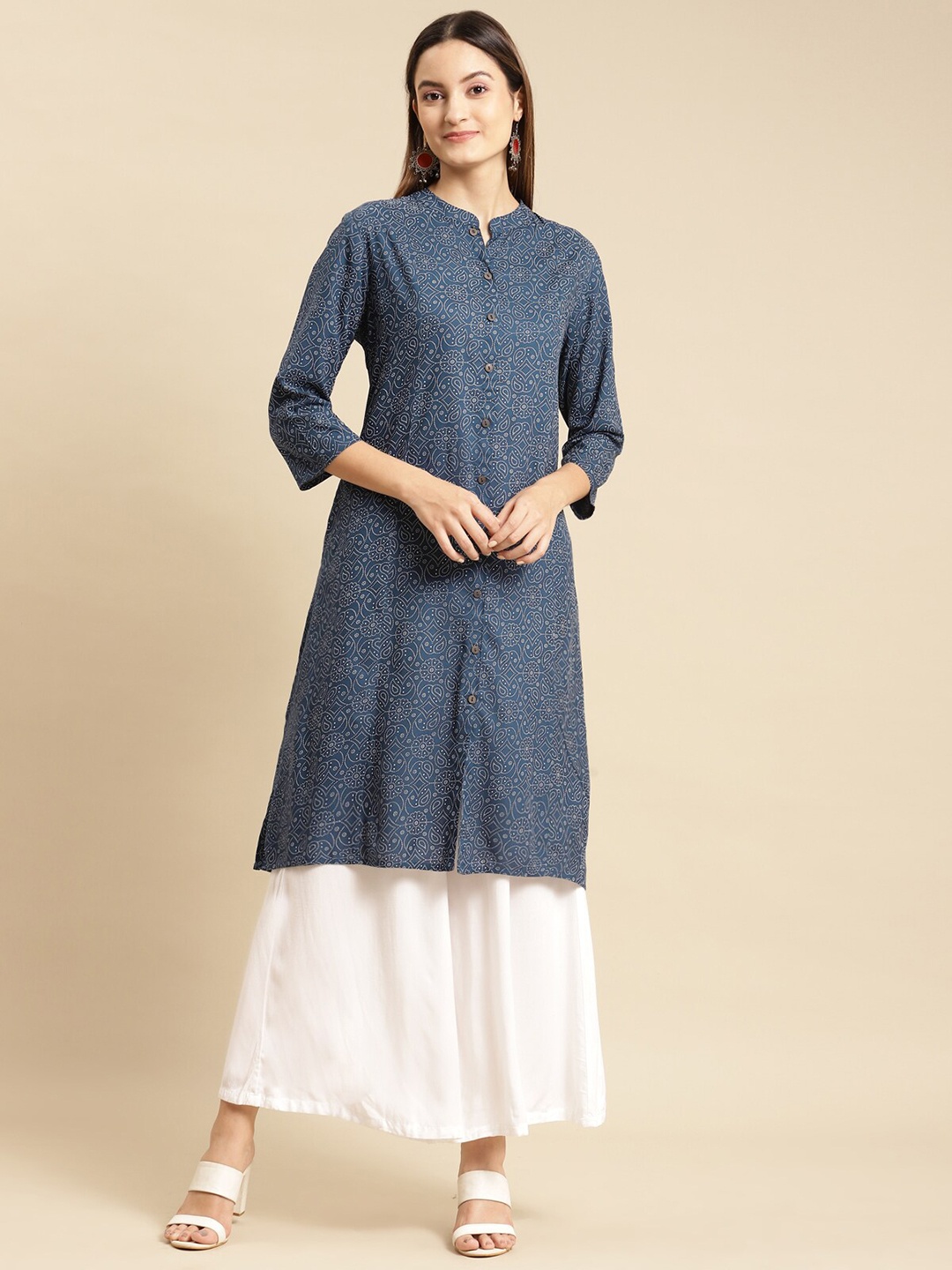

Rangita Ethnic Motifs Printed Mandarin Collar A-Line Kurta, Navy blue
