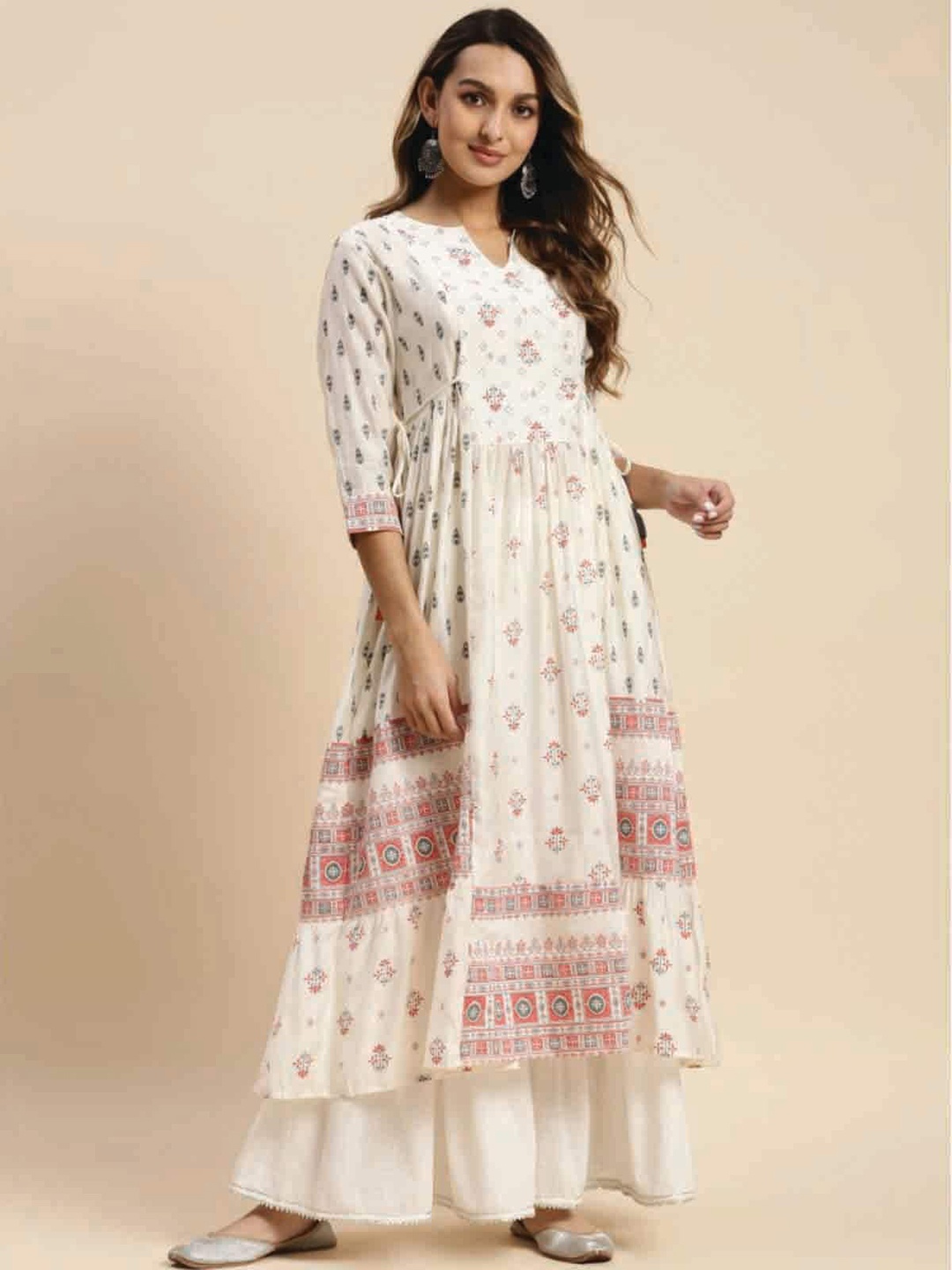 

Rangita Ethnic Motifs Printed Round Neck Anarkali Kurta, Cream