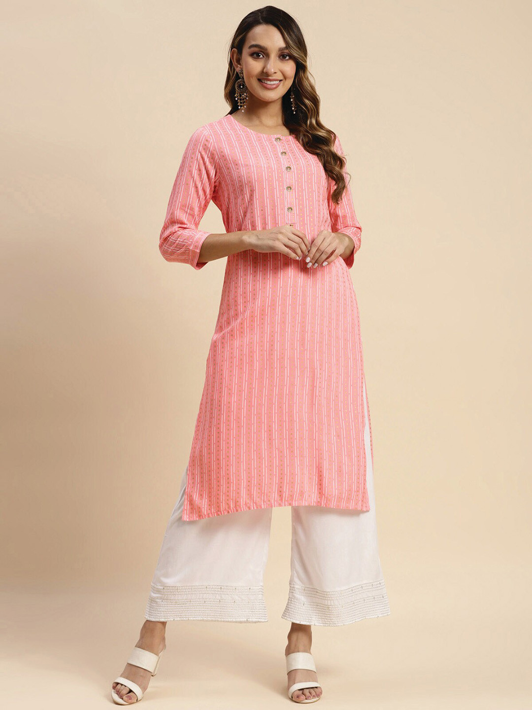 

Rangita Striped Round Neck Straight Kurta, Pink