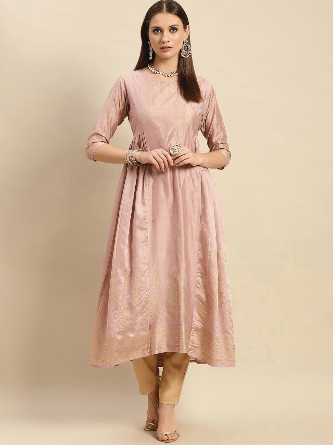 

Rangita Ethnic Motifs Printed Round Neck Anarkali Kurta, Rose gold