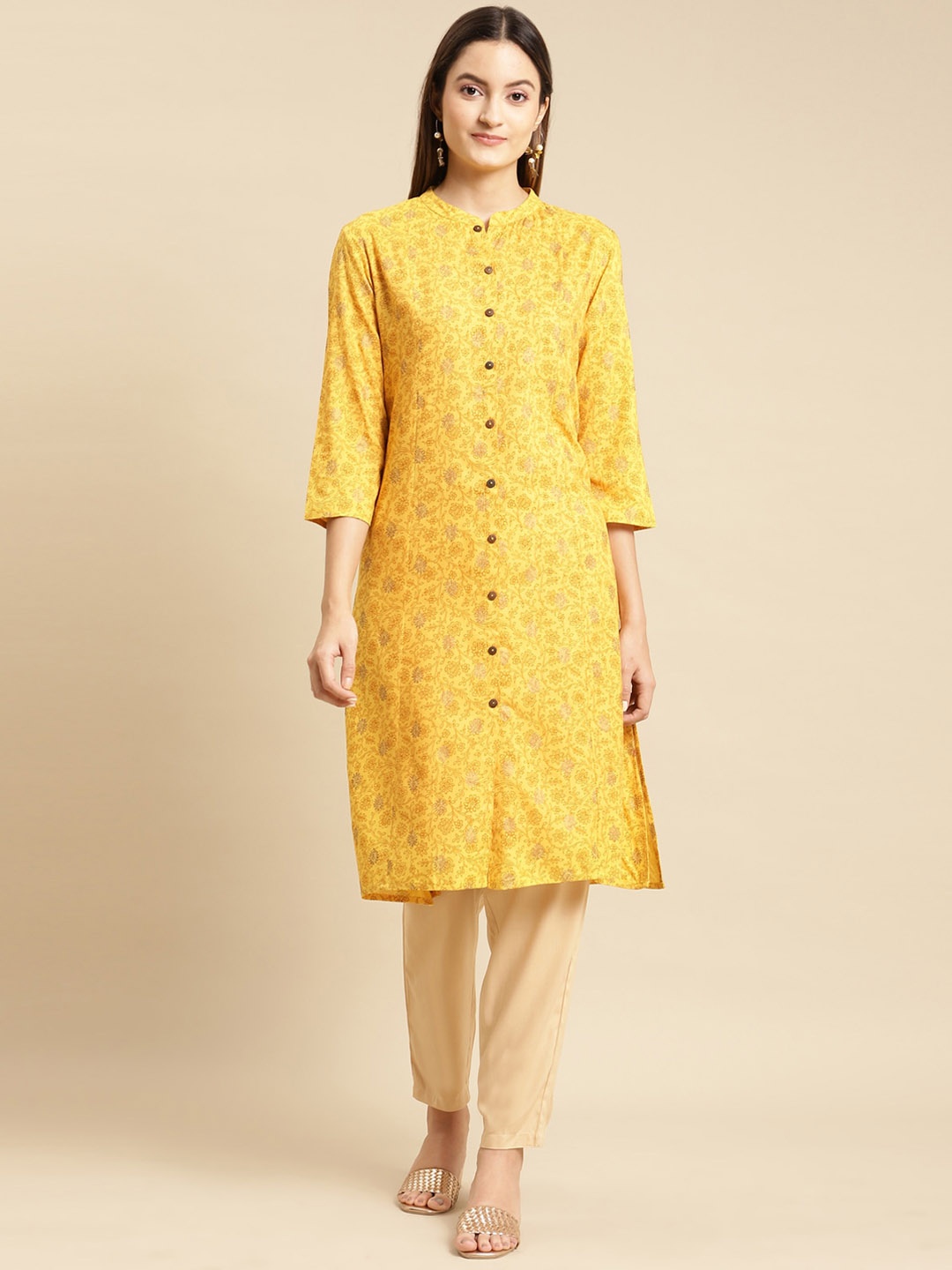 

Rangita Floral Printed Mandarin Collar Straight Kurta, Yellow