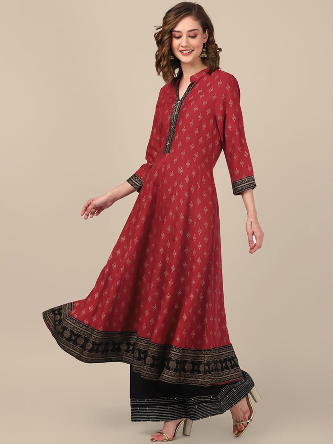 

Rangita Ethnic Motifs Printed Mandarin Collar A-Line Kurta, Maroon