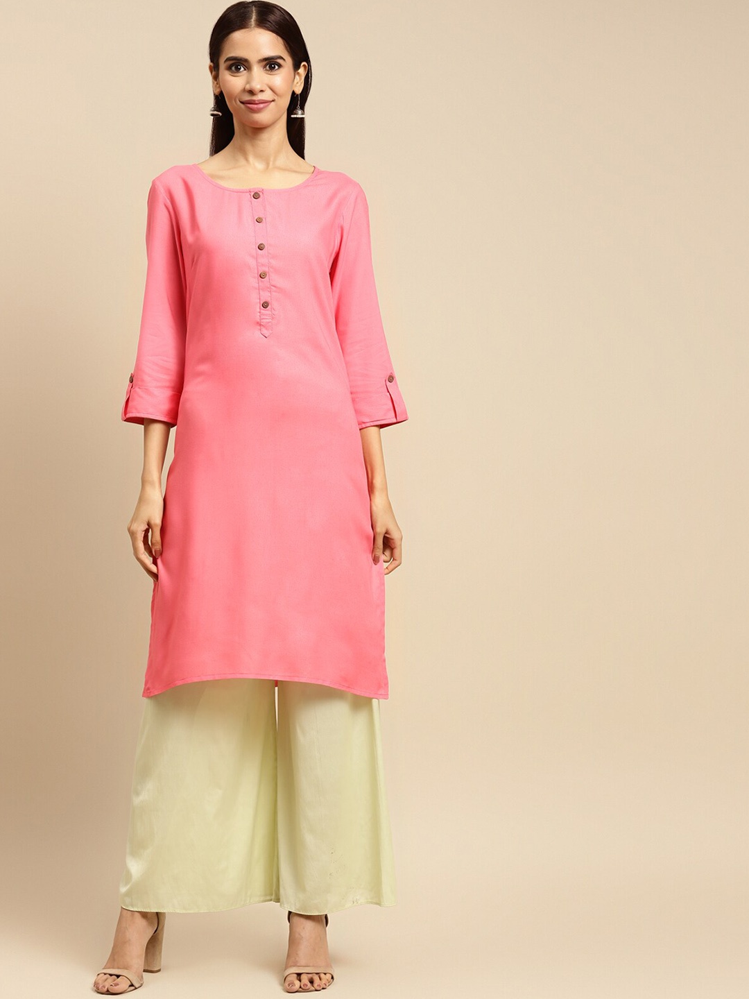 

Rangita Roll Up Sleeves Straight Kurta, Pink