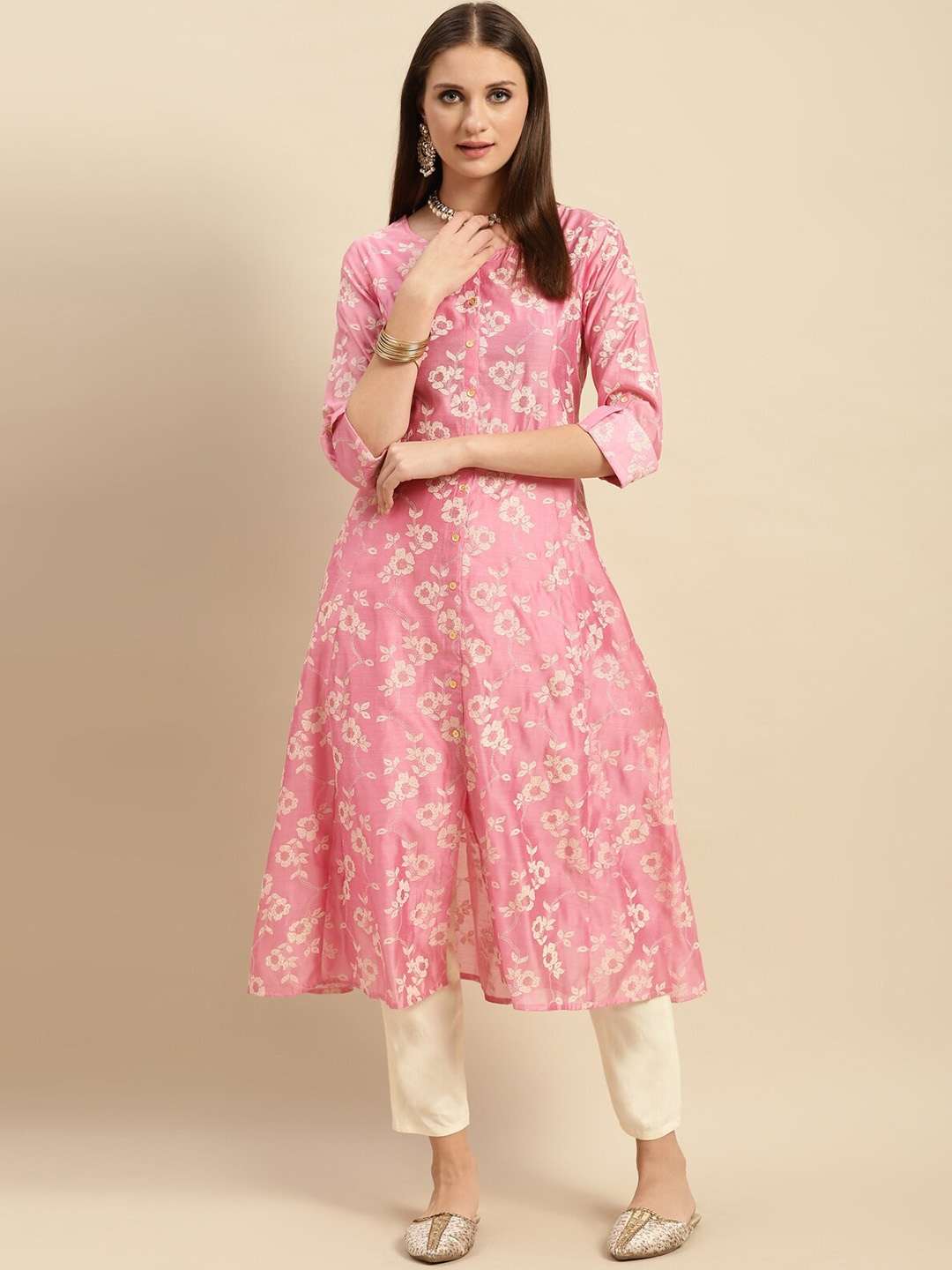 

Rangita Pink Floral Printed Roll-Up Sleeves A-line Chanderi Silk Kurta