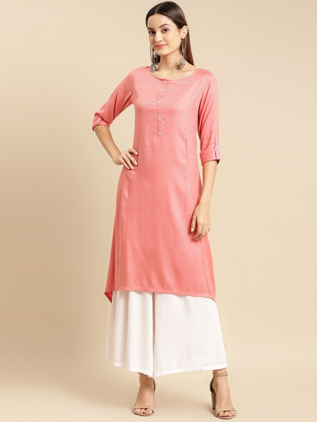 

Rangita Coral Woven Design Roll-Up Sleeve A-line Kurta