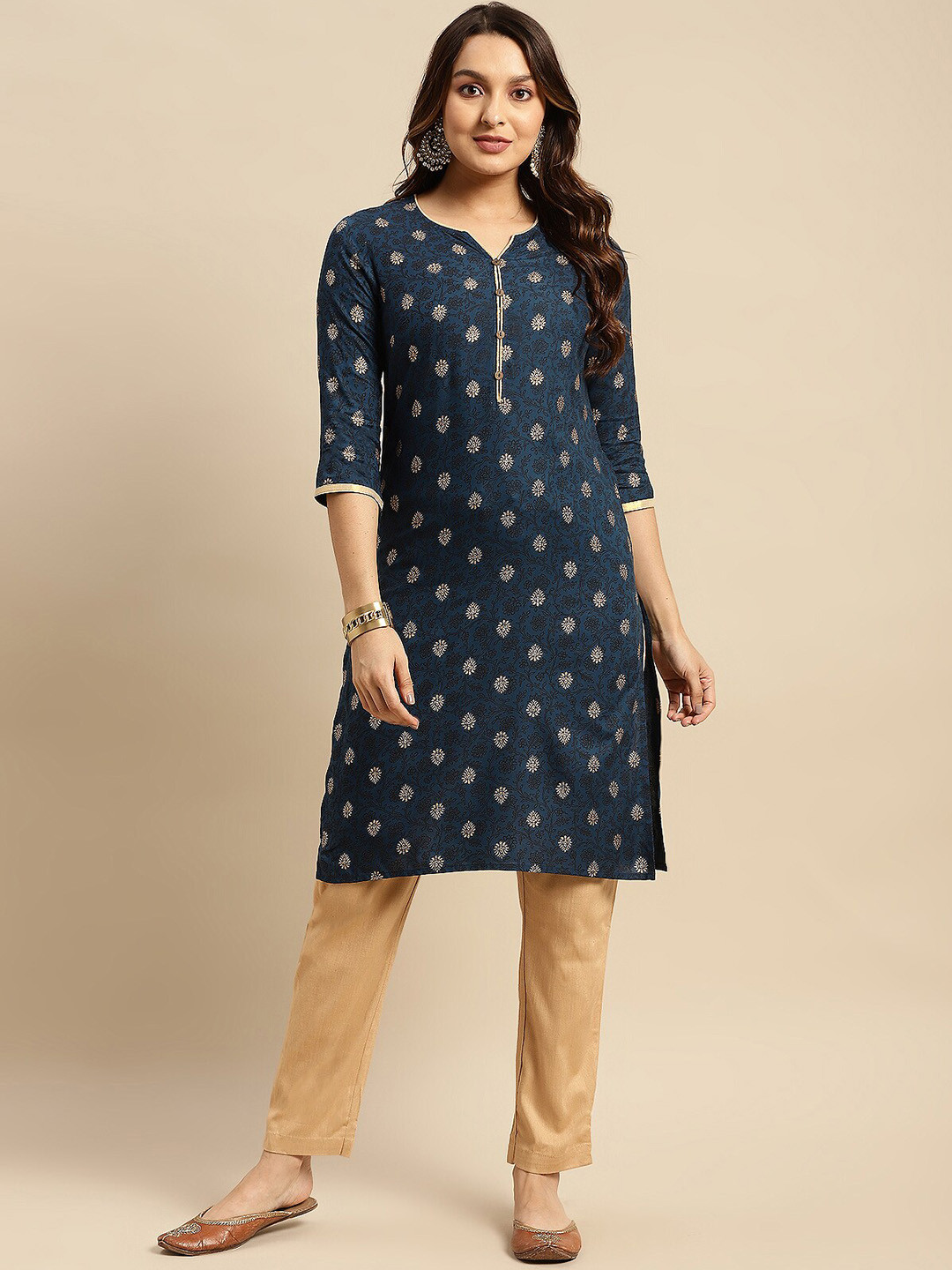 

Rangita Navy Blue Ethnic Printed Round Neck Three-Quarter Sleeves Kurta
