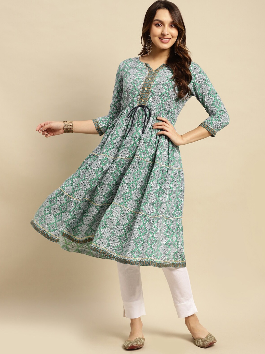 

Rangita Ethnic Motifs Printed Round Neck Gathered Anarkali Kurta, Teal