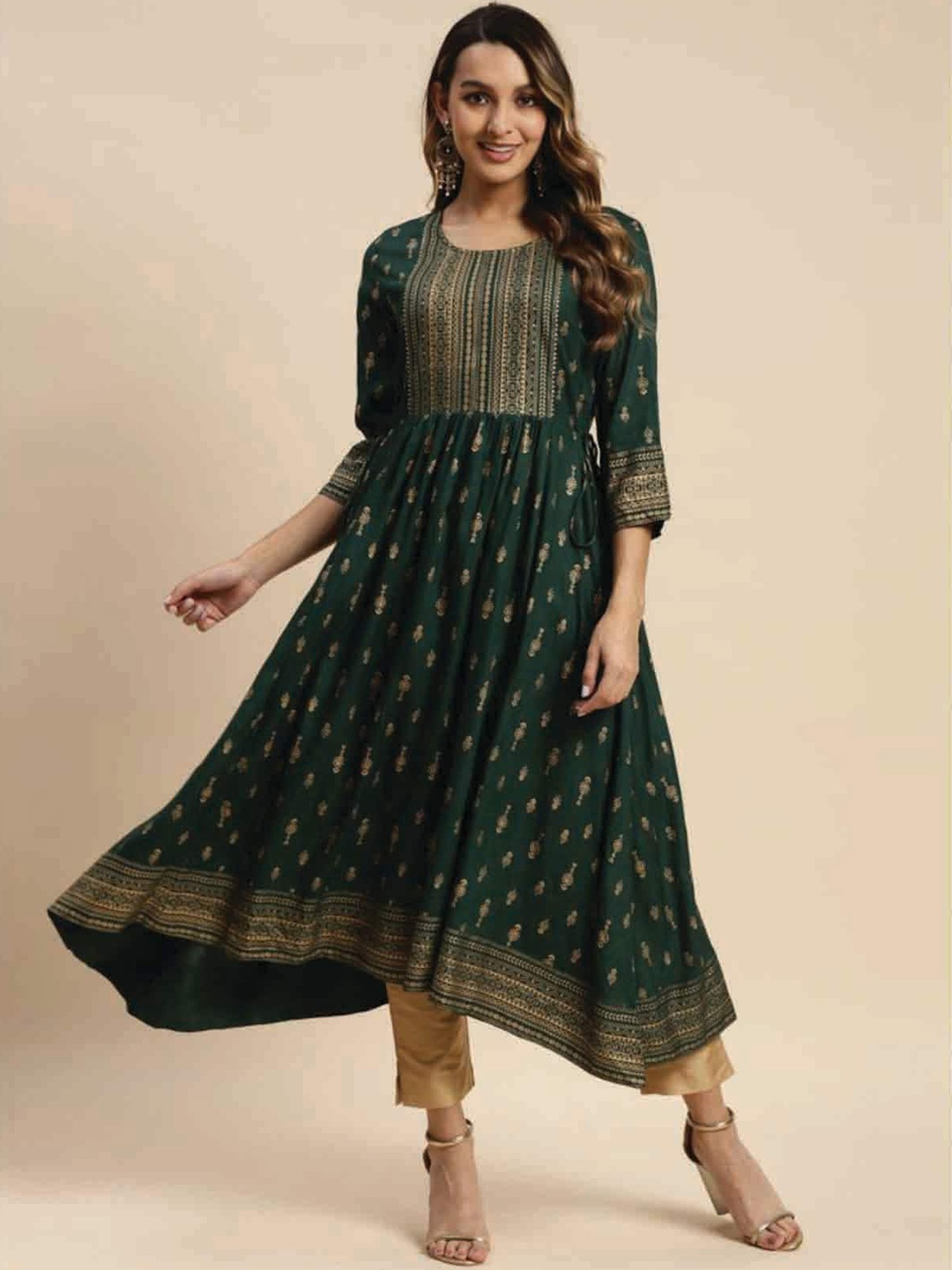 

Rangita Ethnic Motifs Printed High-Low Anarkali Kurta, Green