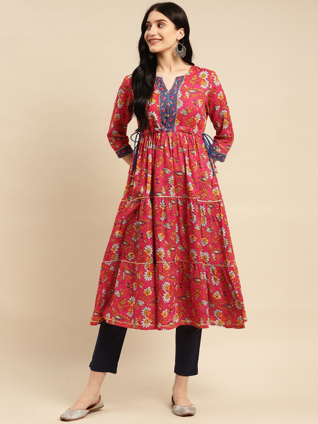 

Rangita Floral Printed Round Neck Gotta Patti Anarkali Kurta, Pink