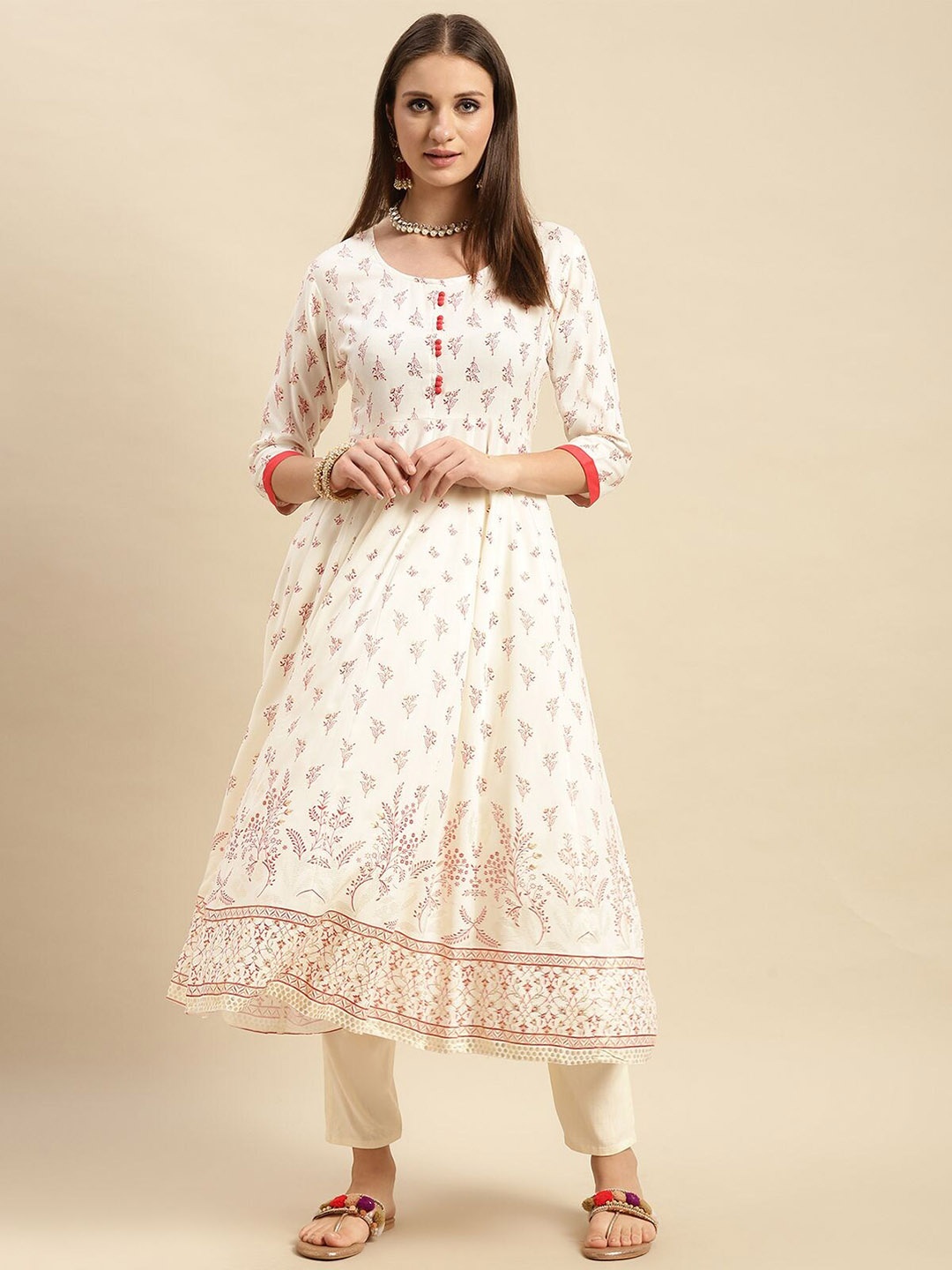 

Rangita Ethnic Motifs Printed Thread Work Paneled Anarakali Kurta, Off white