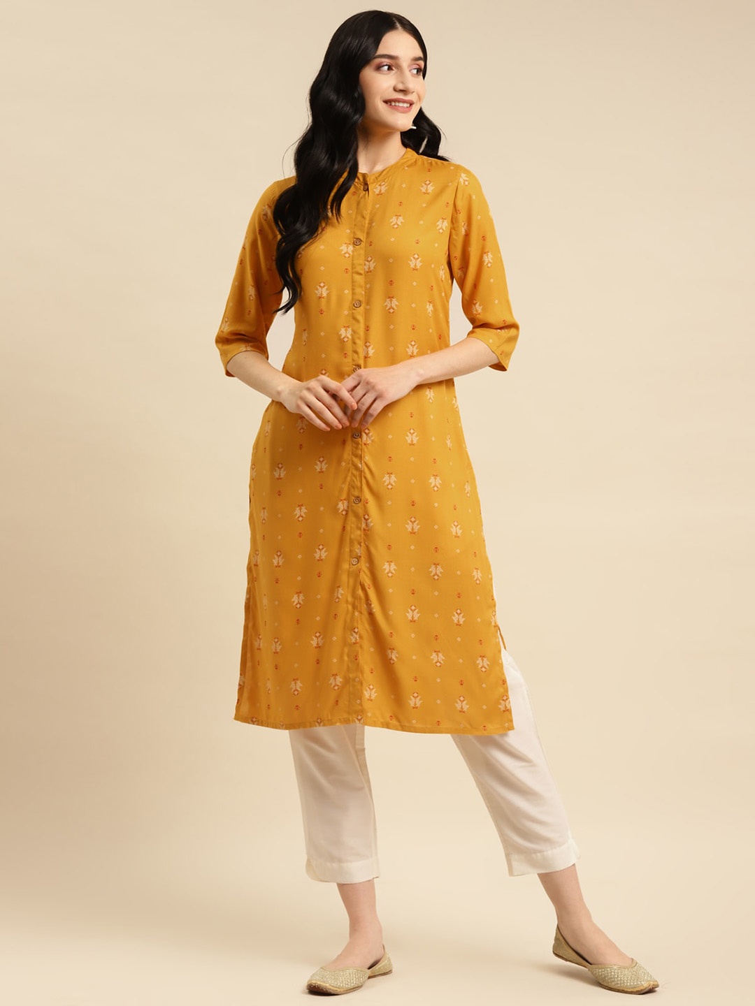 

Rangita Ethnic Motifs Printed Manadrin Collar Straight Kurta, Mustard