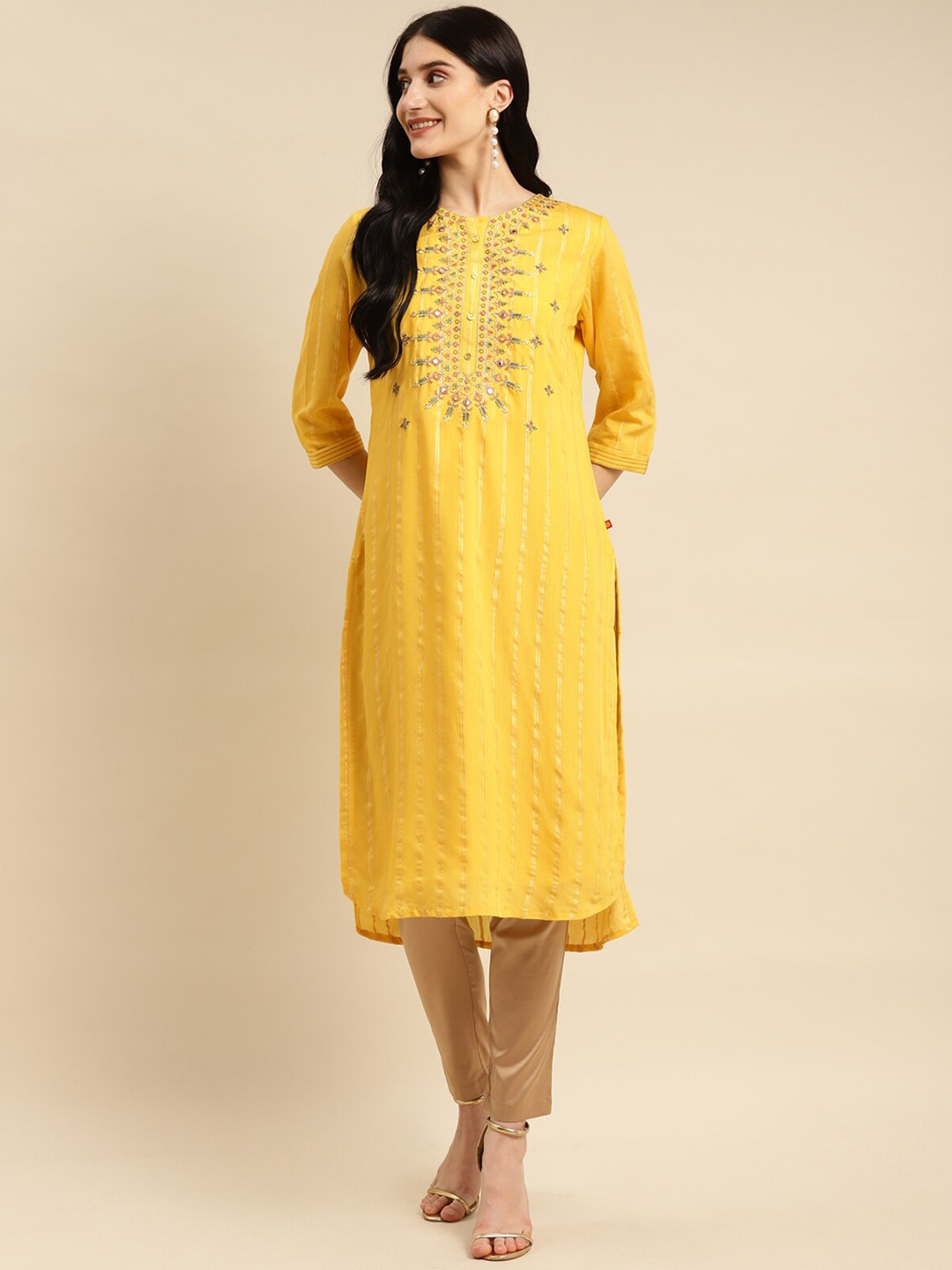

Rangita Ethnic Motifs Embroidered Mirror Work Regular Kurta, Mustard