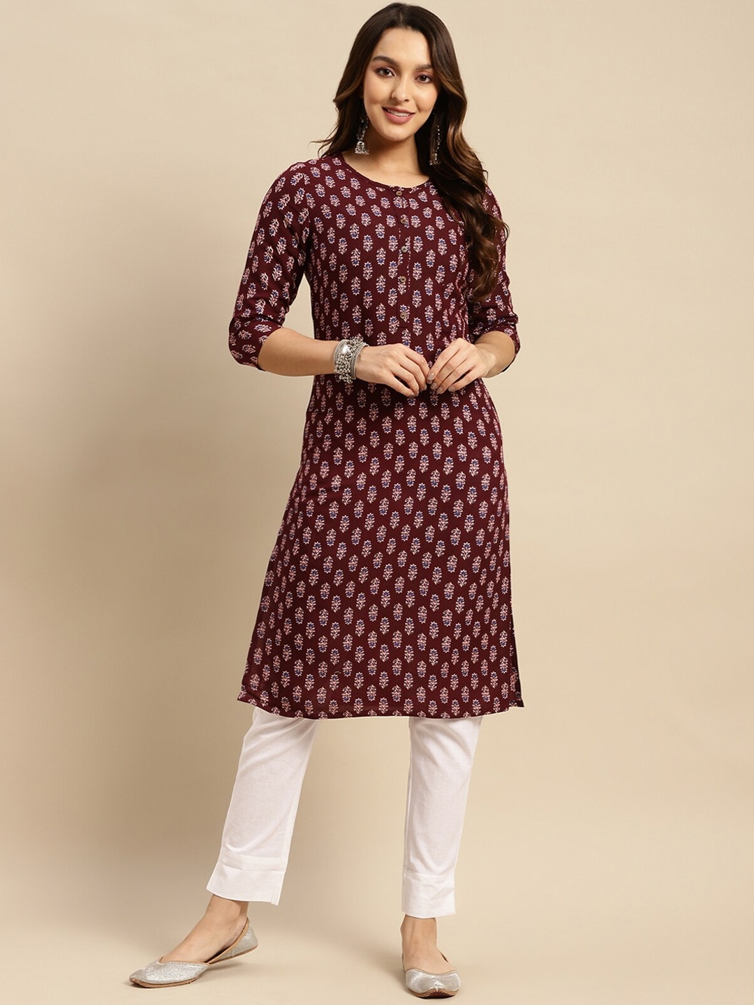 

Rangita Floral Printed Round Neck Regular Kurta, Mauve