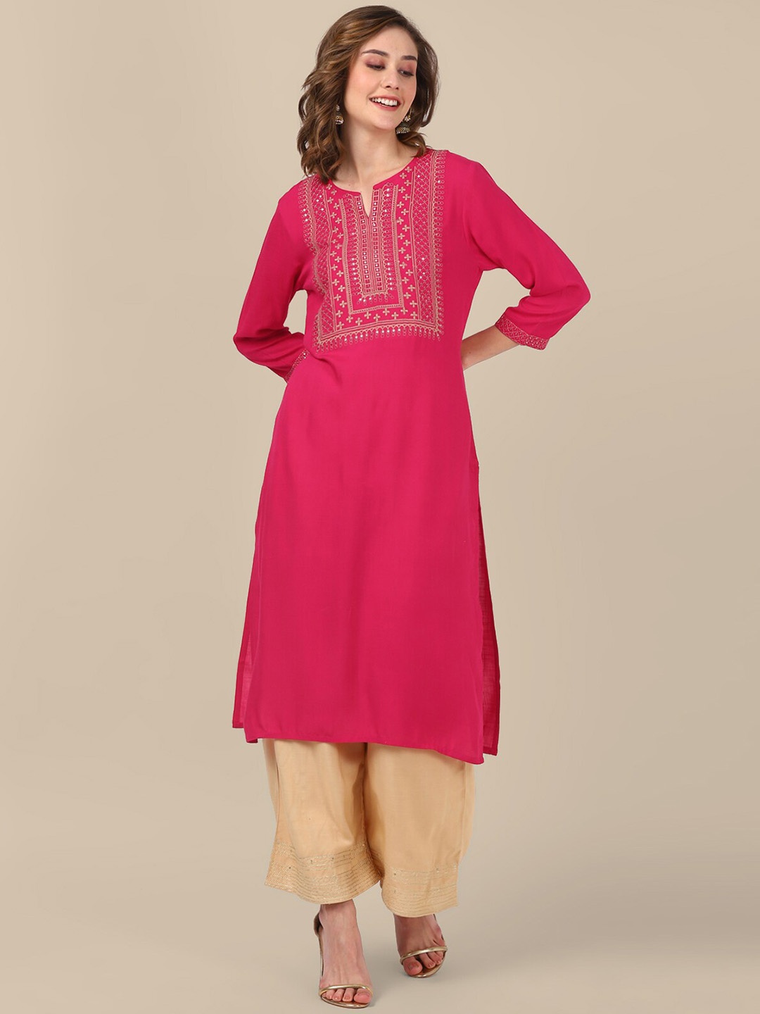 

Rangita Ethnic Motifs Embroidered Round Neck Mirror Work Regular Kurta, Pink