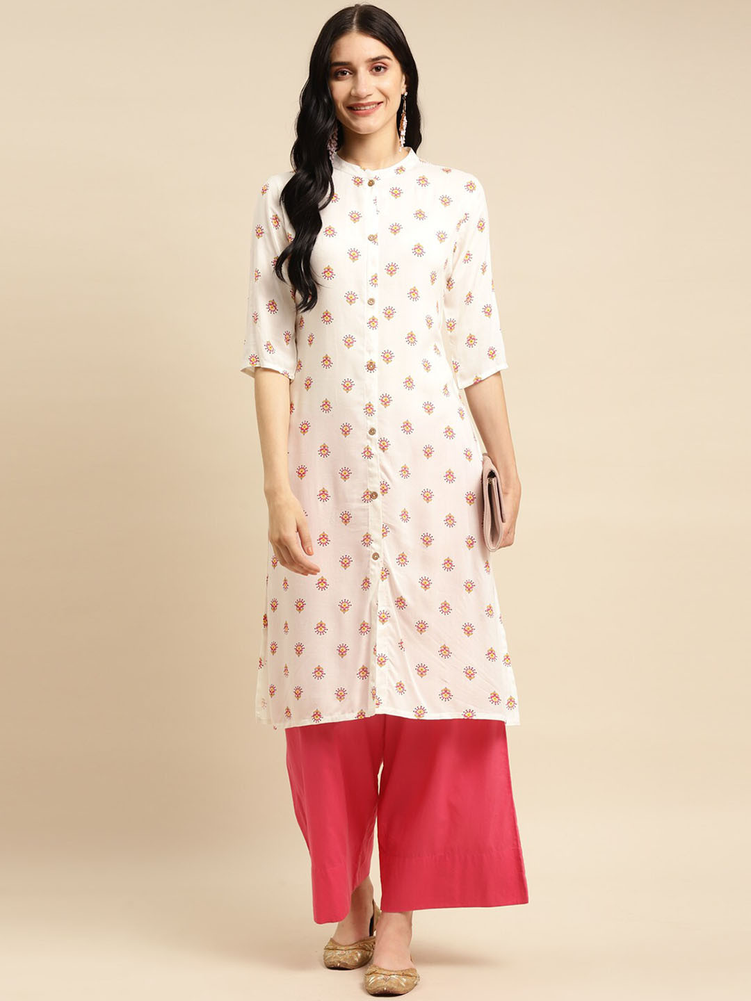 

Rangita Floral Printed Mandarin Collar A-Line Regular Kurta, White