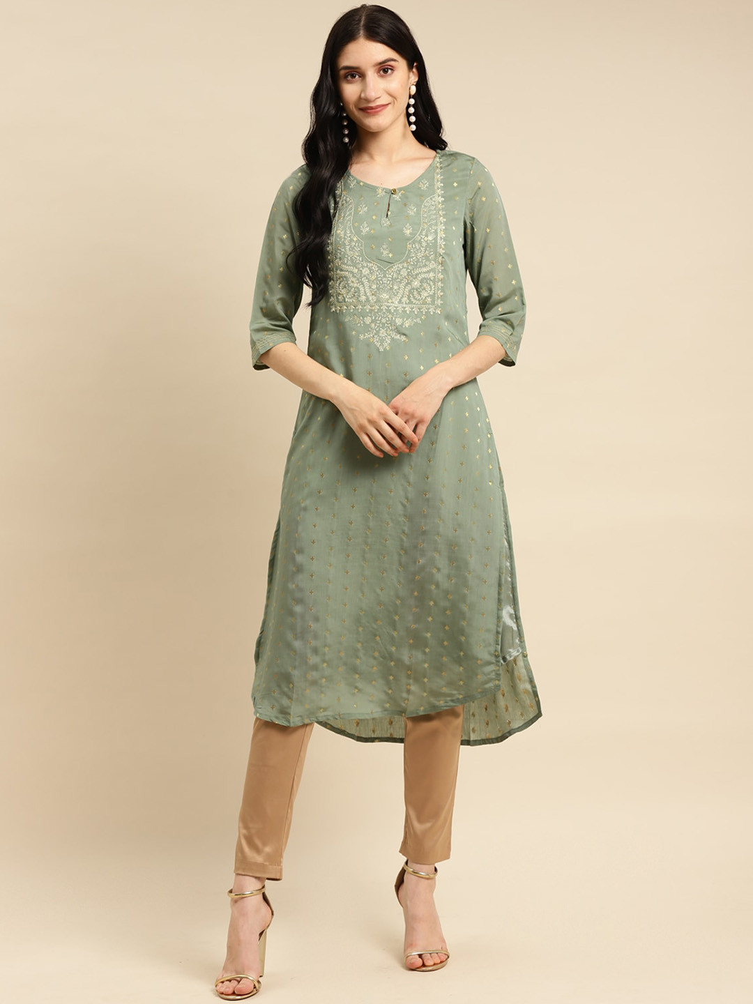 

Rangita Woven Design Thread Work Detail Chanderi Silk Straight Kurta, Olive