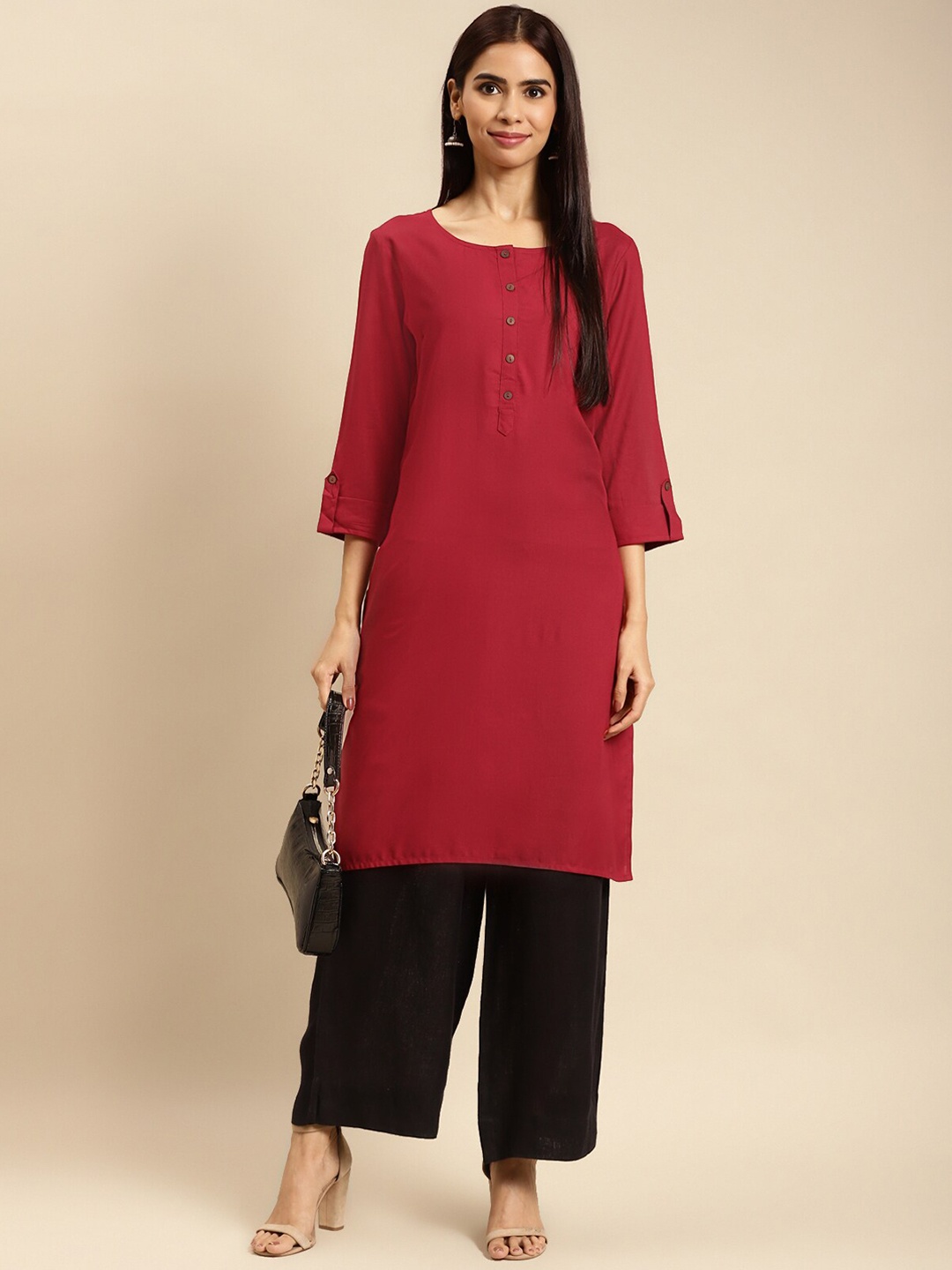 

Rangita Roll-Up Sleeves Straight Kurta, Maroon