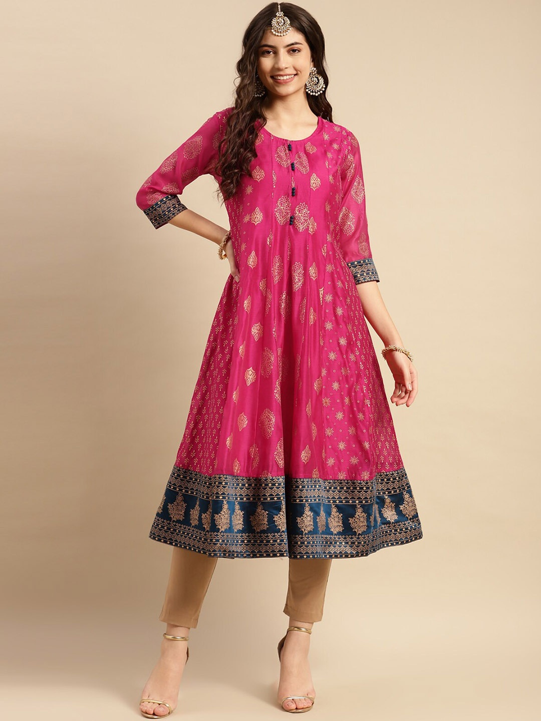 

Rangita Ethnic Motifs Printed Chanderi Silk Anarkali Kurta, Pink