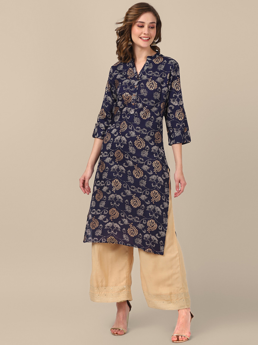 

Rangita Floral Printed Mandarin Collar Straight Kurta, Navy blue