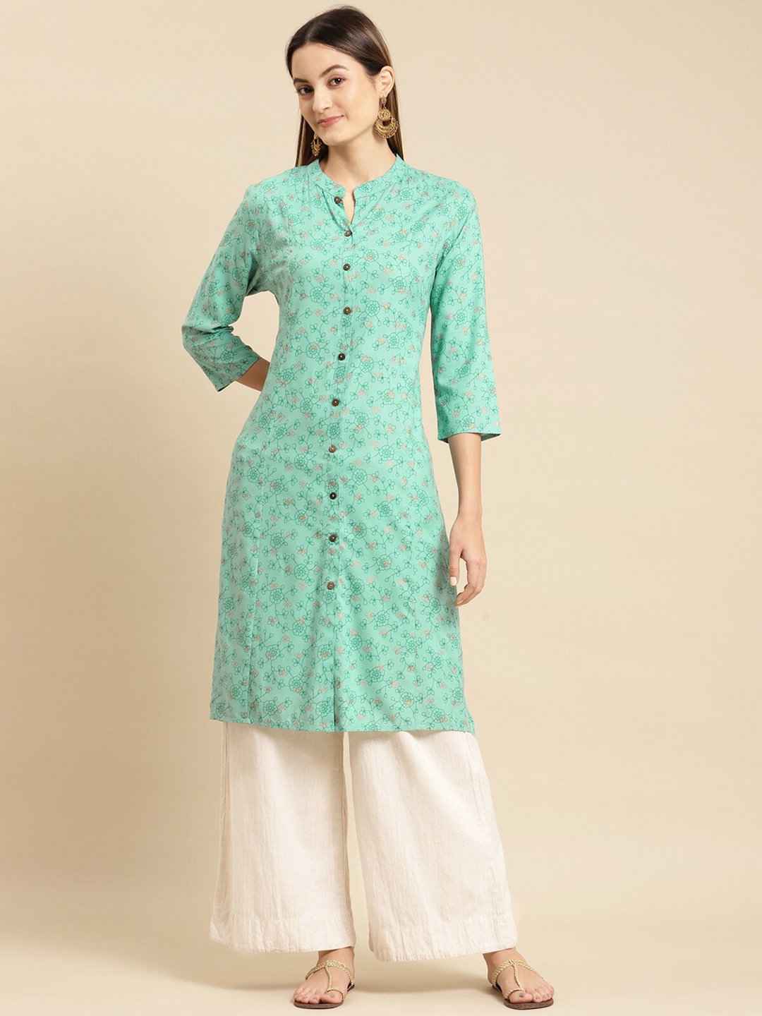 

Rangita Floral Printed Mandarin Collar A-Line Kurta, Turquoise blue