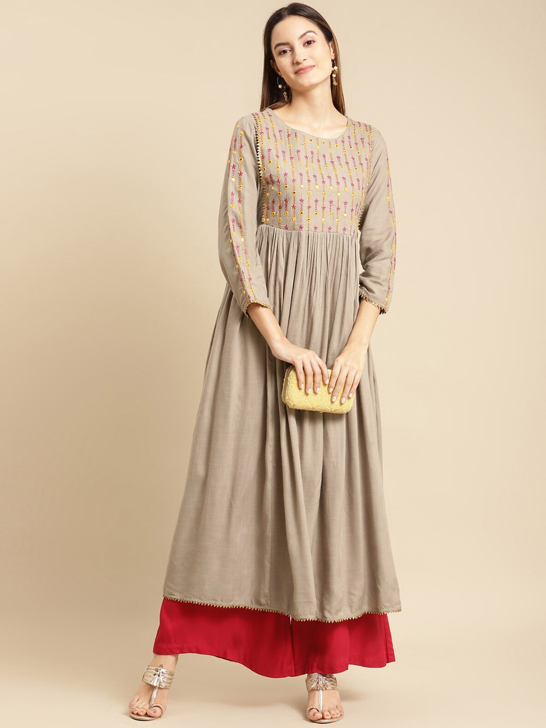 

Rangita Olive Green Embroidered A-line Pleated Gotta Patti Kurta