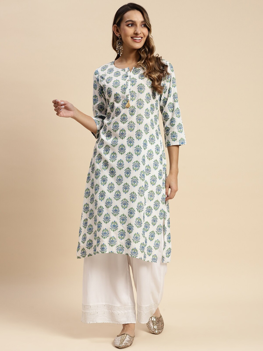 

Rangita White Floral Printed Round Neck Three-Quarter Sleeve Kurta