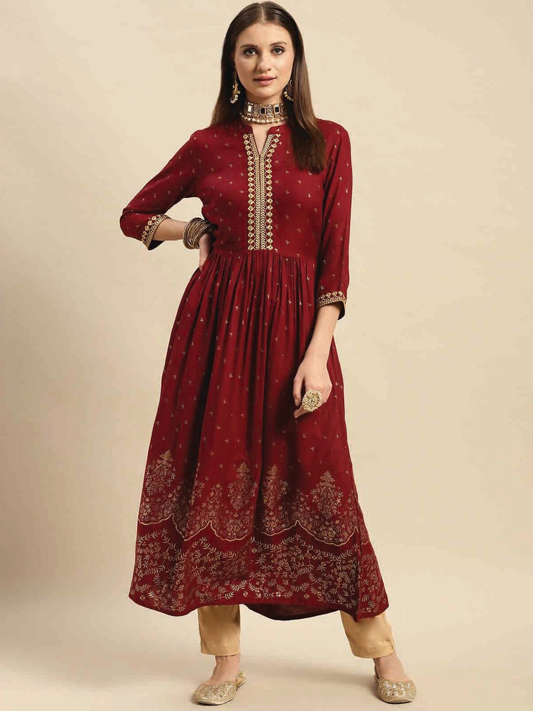

Rangita Ethnic Motifs Printed Thread Work Anarkali Kurta, Maroon