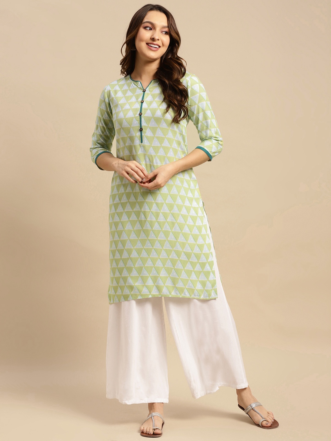 

Rangita Geometric Printed Straight Kurta, Lime green