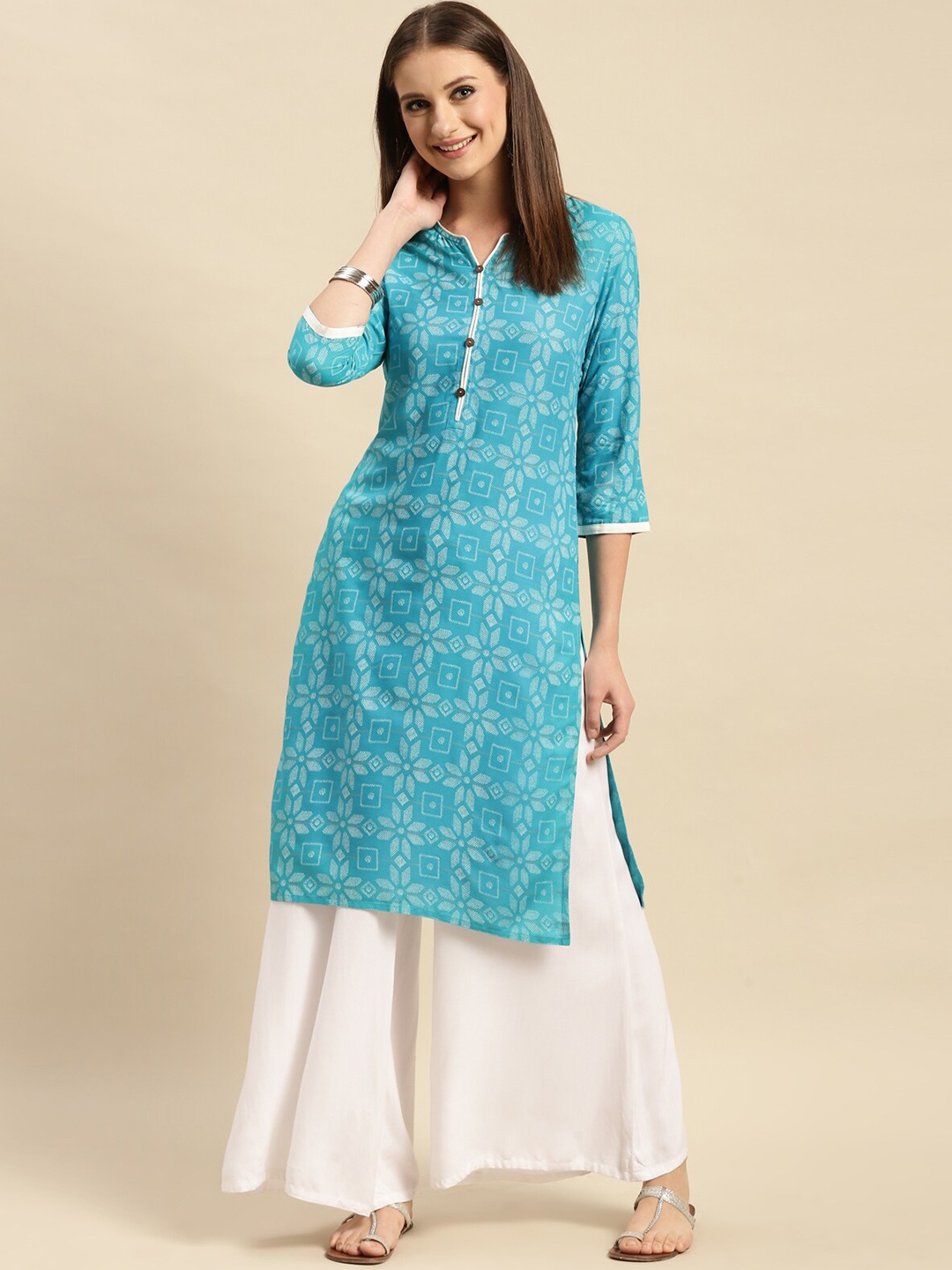 

Rangita Ethnic Motifs Printed Straight Kurta, Turquoise blue