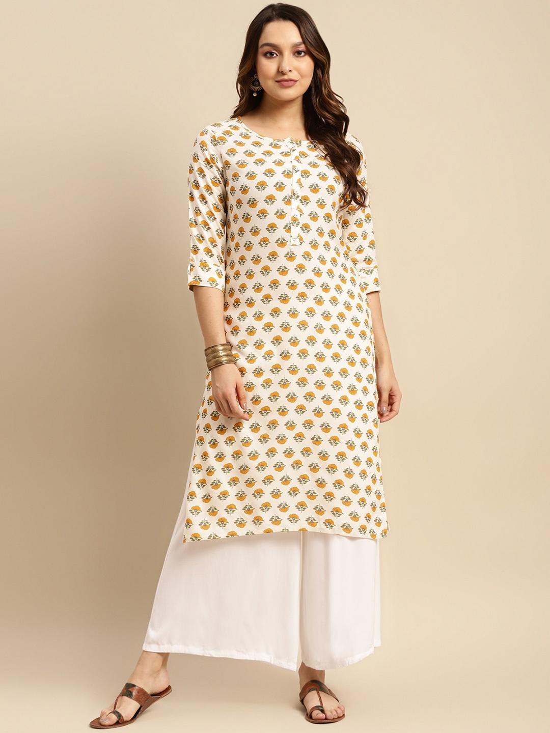 Rangita Floral Printed Straight Kurta, Beige
