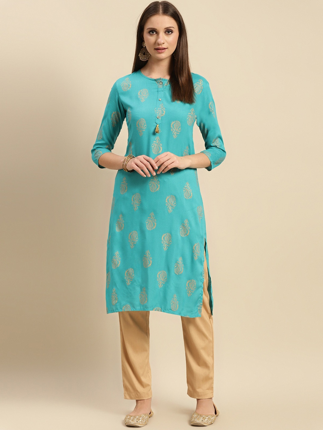 

Rangita Ethnic Motifs Printed Round Neck Straight Kurta, Turquoise blue