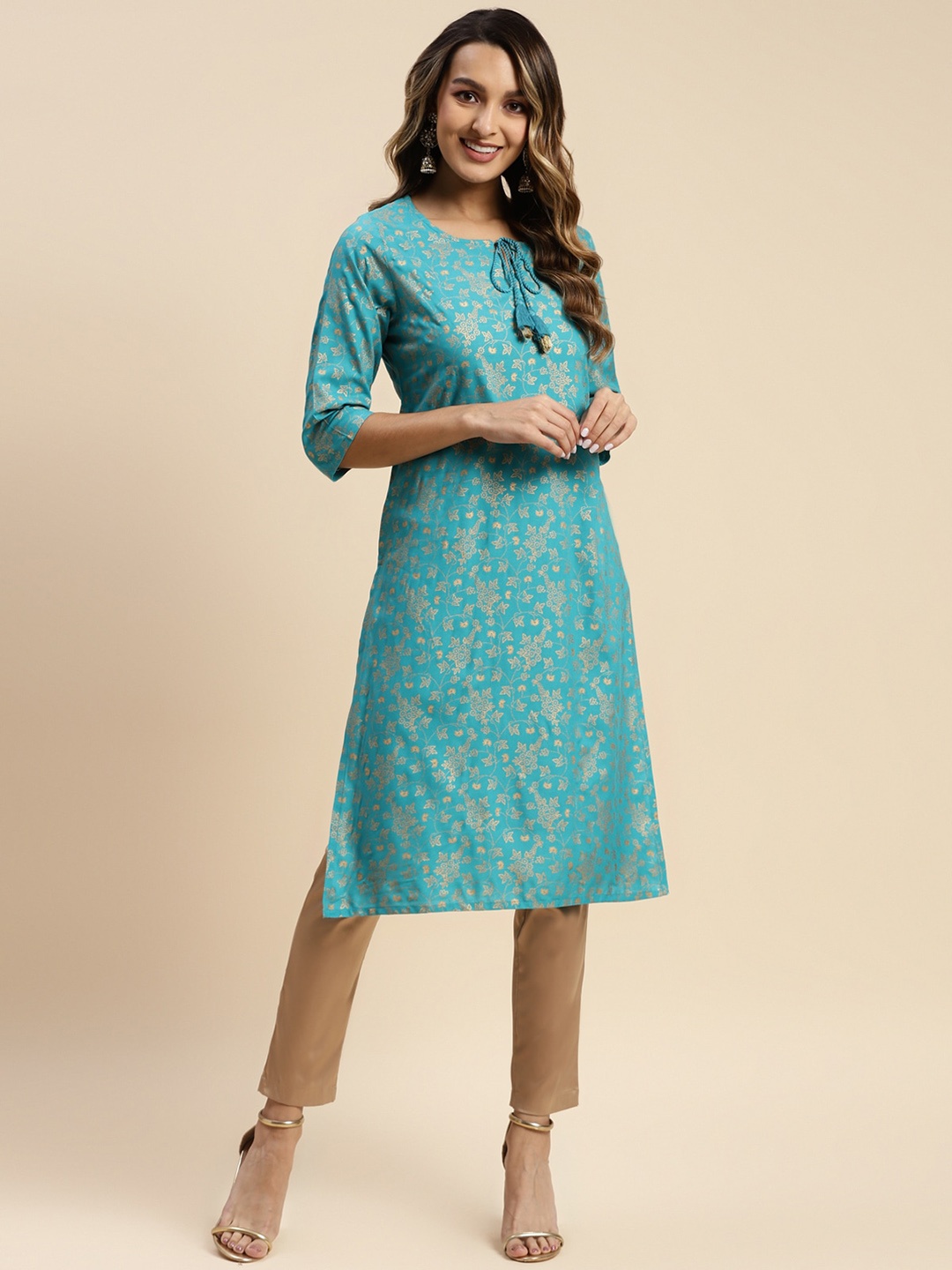 

Rangita Ethnic Motifs Printed Round Neck Straight Kurta, Sea green