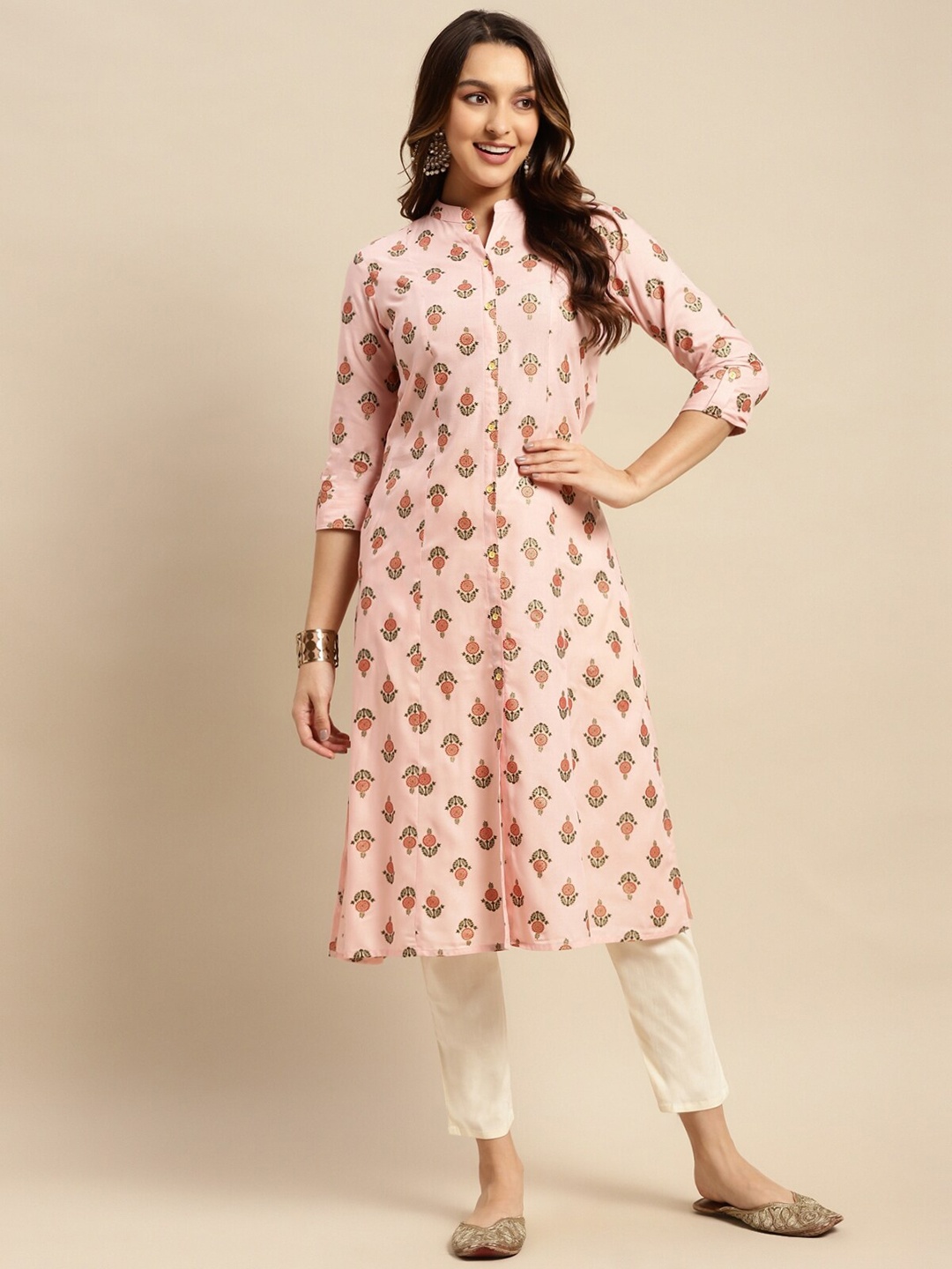 

Rangita Ethnic Motifs Printed Mandarin Collar Panelled A-Line Kurta, Peach