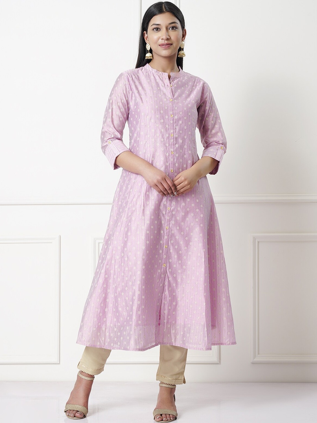 

Rangita Ethnic Motifs Woven Design Mandarin Collar Chanderi Silk Kurta, Mauve