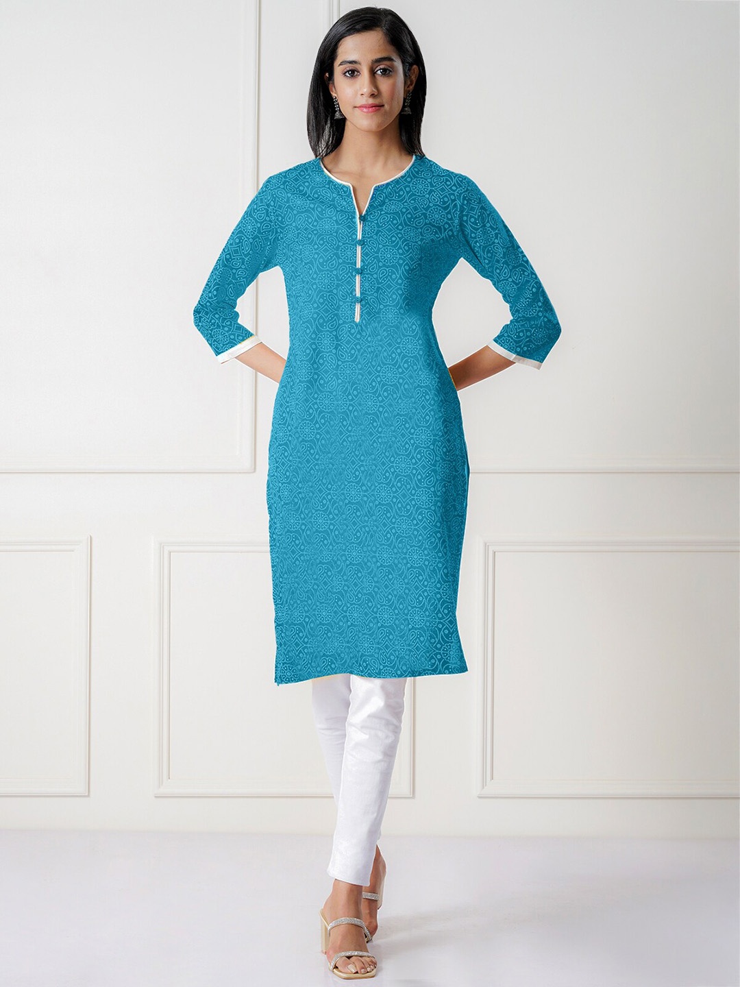 

Rangita Ethnic Motifs Printed Regular Kurta, Turquoise blue