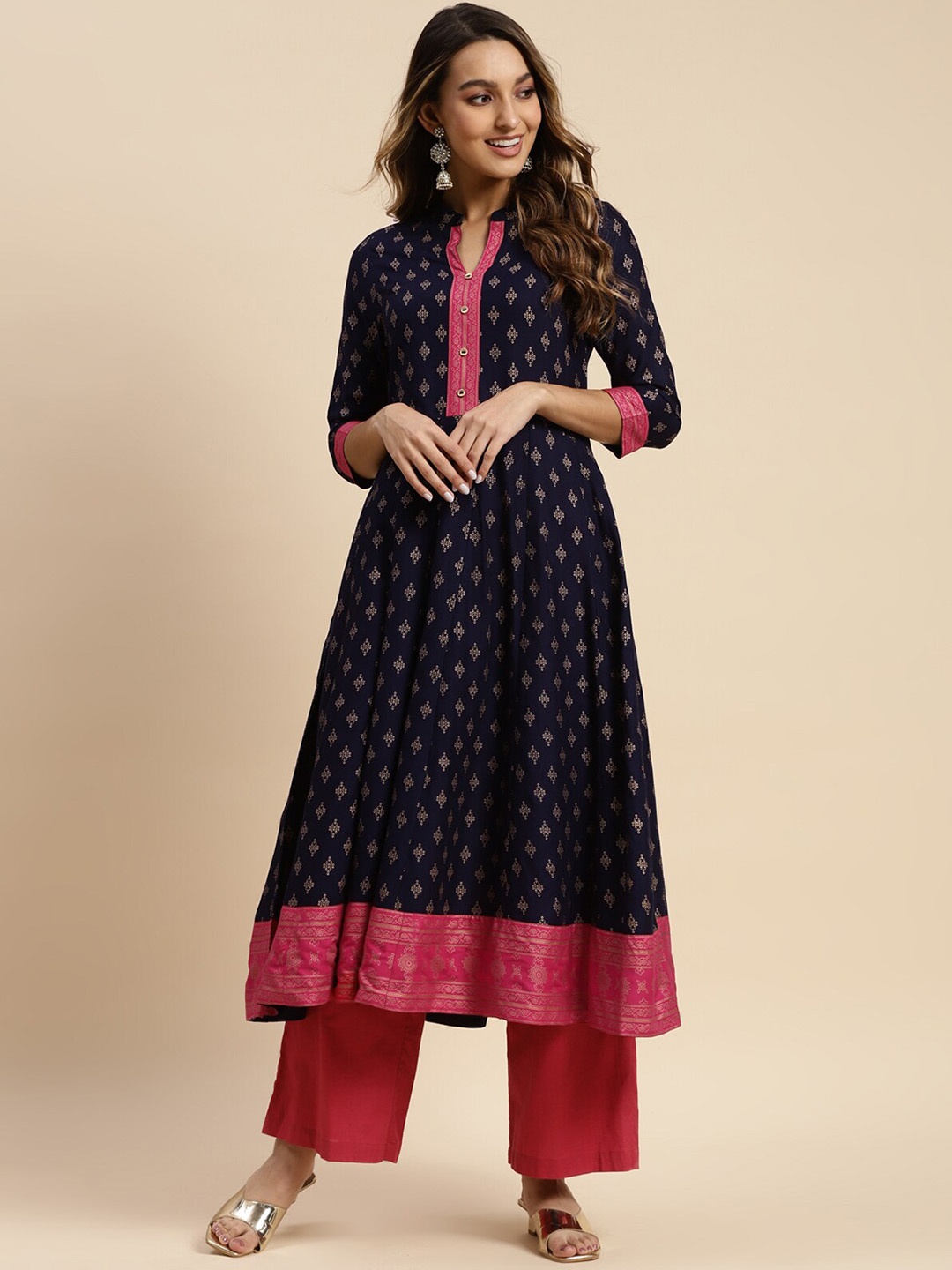 

Rangita Ethnic Motifs Printed Anarkali Kurta, Navy blue