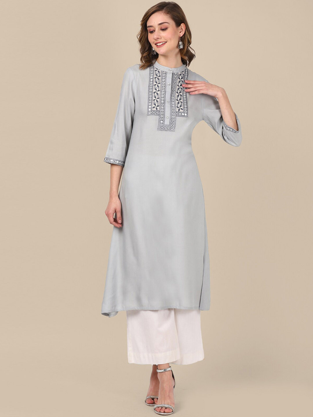 

Rangita Ethnic Motifs Mirror Work Embroidered Regular Kurta, Grey