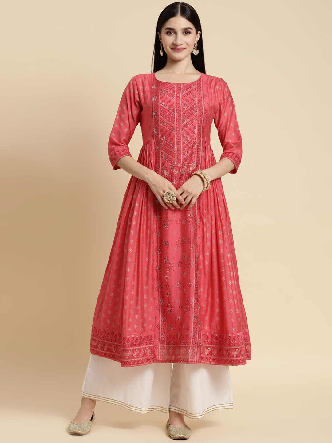 

Rangita Ethnic Motifs Printed Beads & Stones Anarkali Kurta, Coral