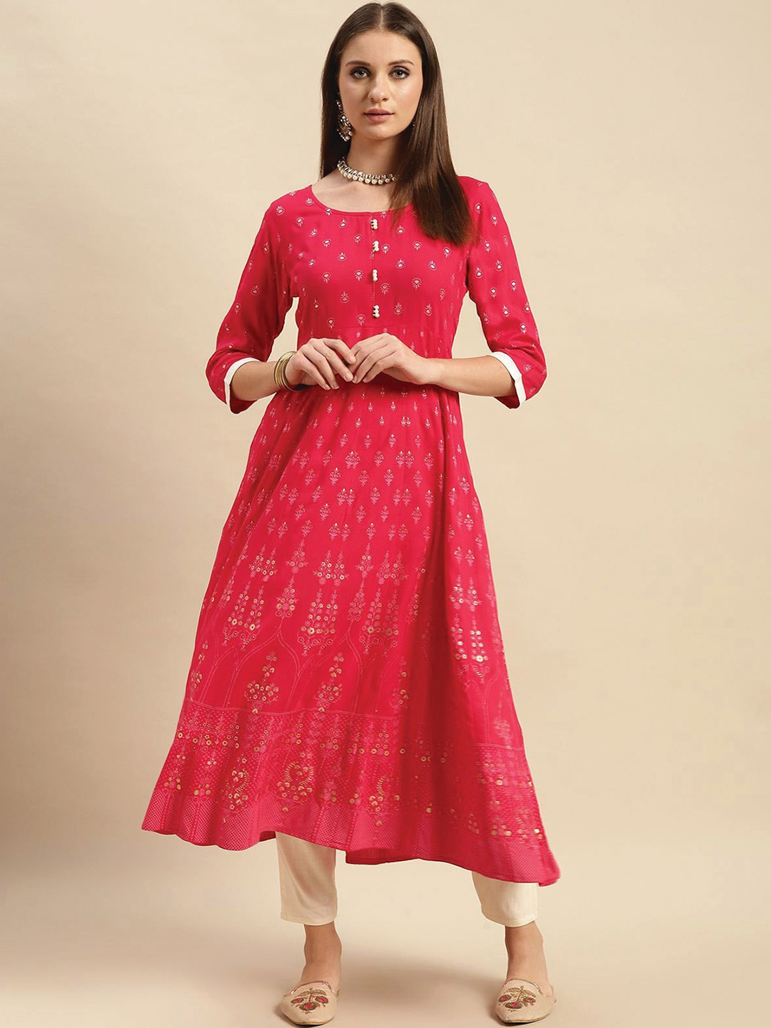 

Rangita Ethnic Motifs Printed Anarkali Kurta, Coral