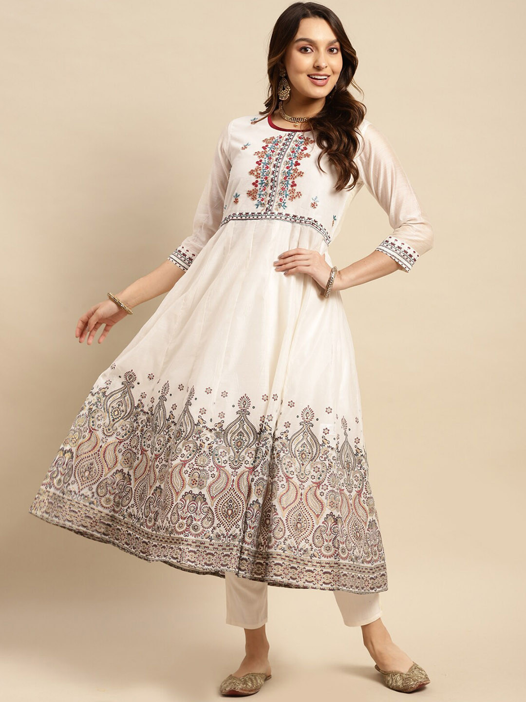 

Rangita Ethnic Motifs Printed Anarkali Chanderi Silk Kurta, Off white
