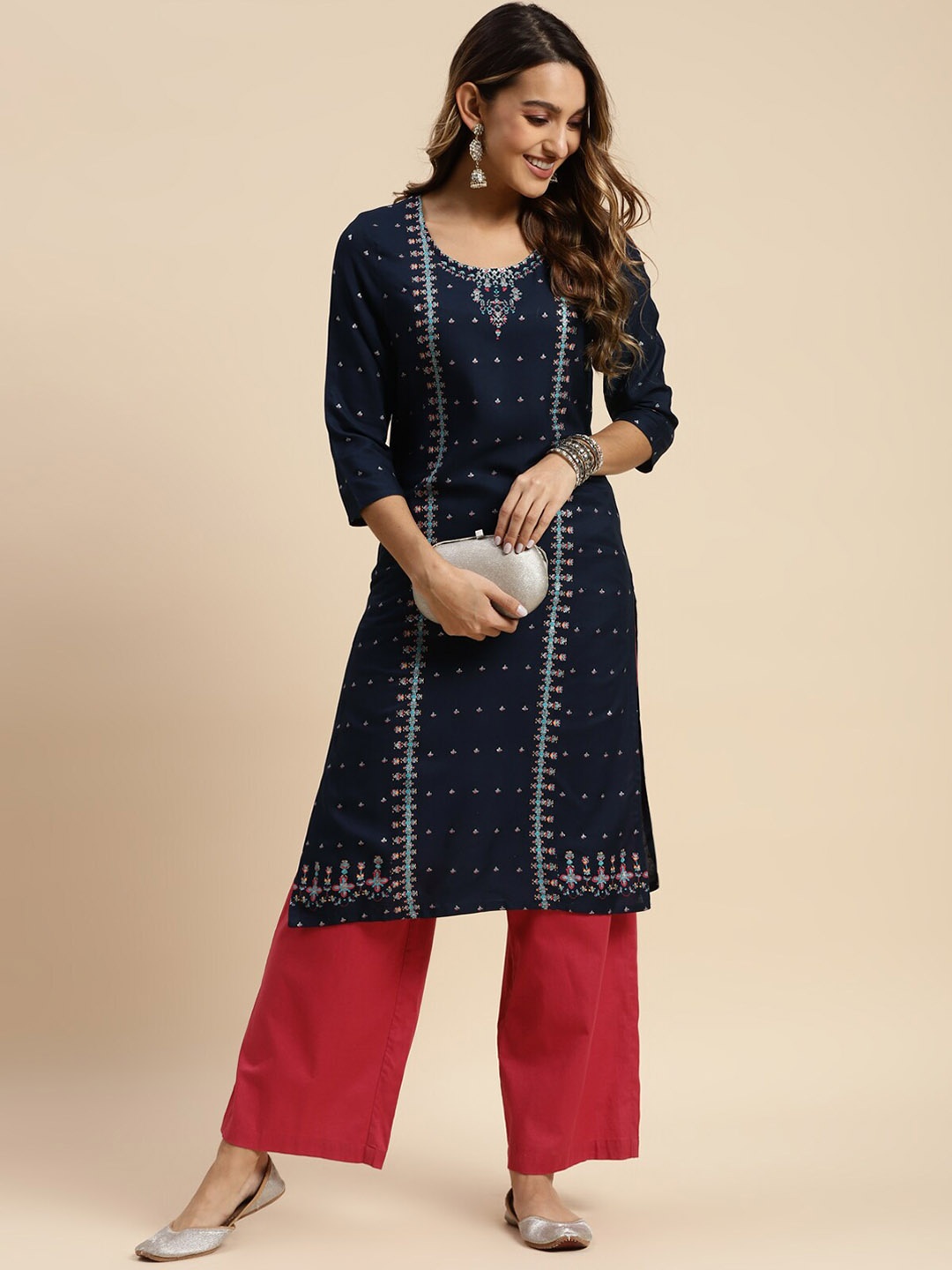 

Rangita Ethnic Motifs Printed Straight Kurta, Navy blue