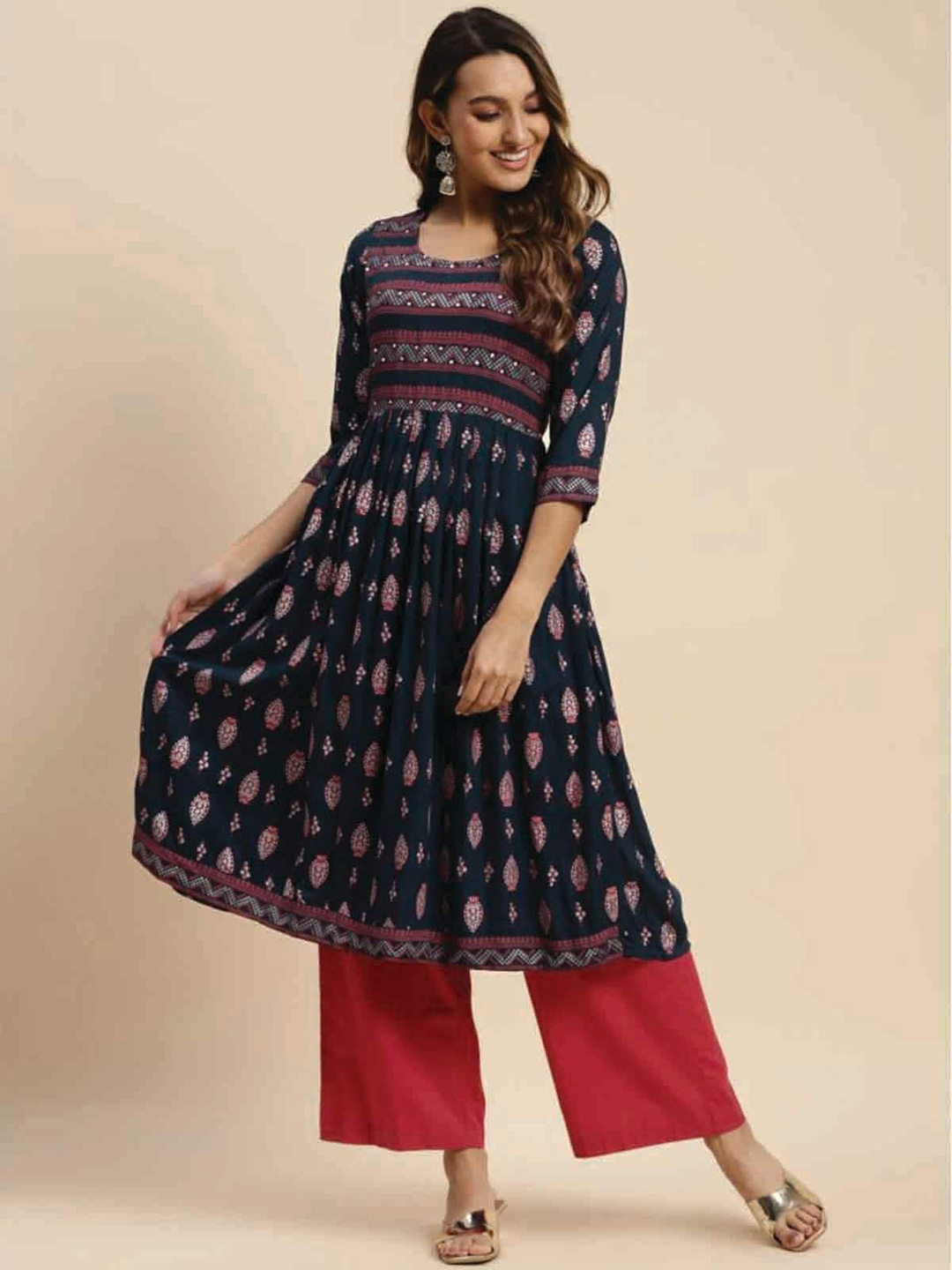 

Rangita Ethnic Motifs Printed Sequinned Anarkali Kurta, Navy blue