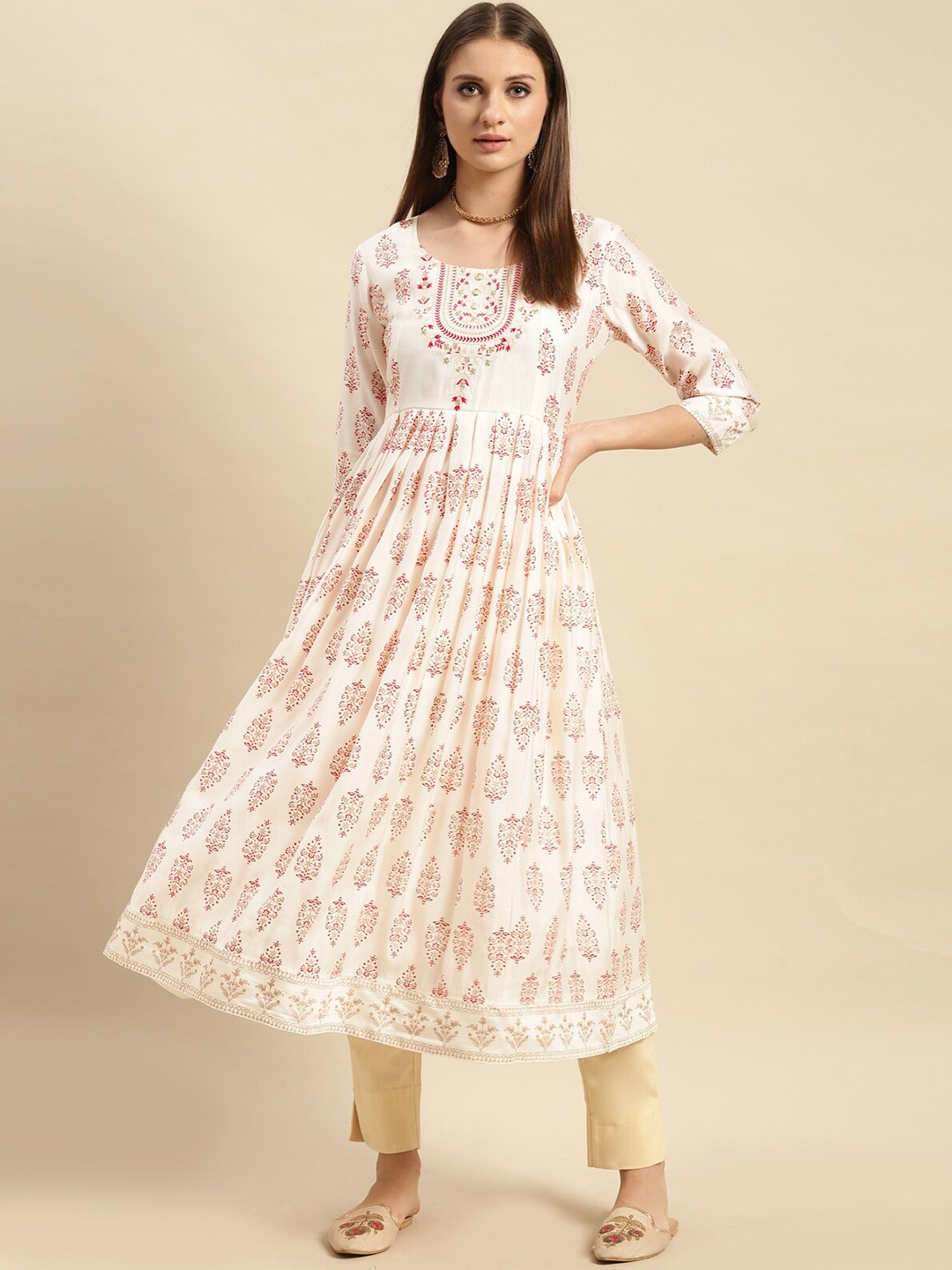 

Rangita Floral Printed Round Neck Anarkali Kurta, Off white