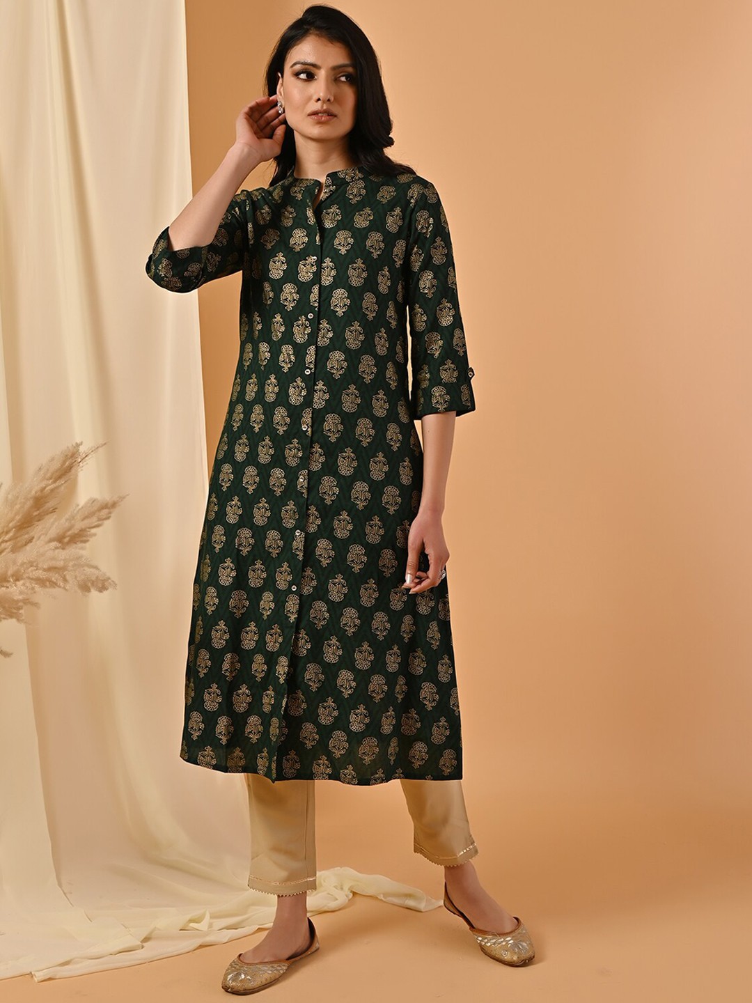 

Rangita Ethnic Motifs Printed A-Line Kurta, Green