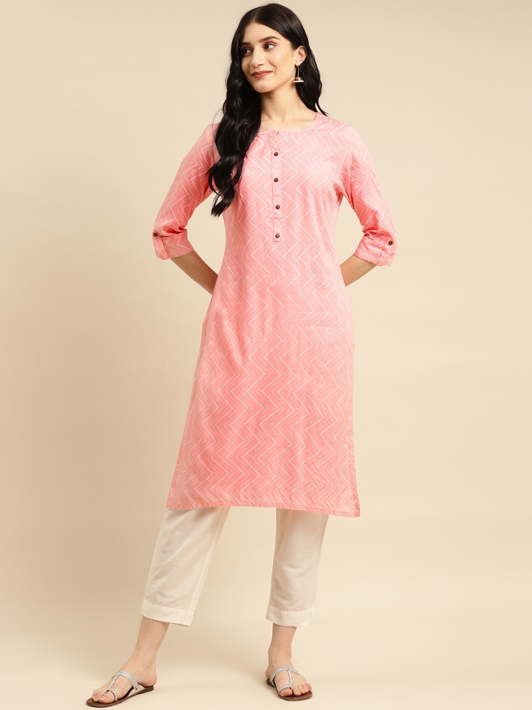 

Rangita Striped Printed Straight Kurta, Pink