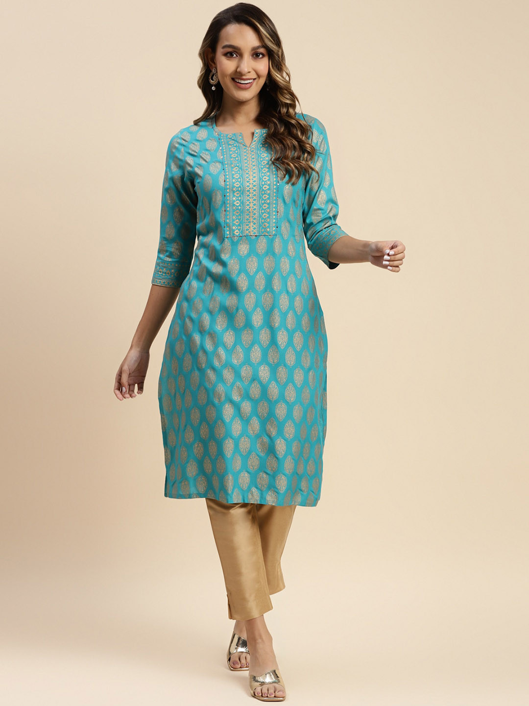 

Rangita Ethnic Motifs Printed Straight Kurta, Turquoise blue