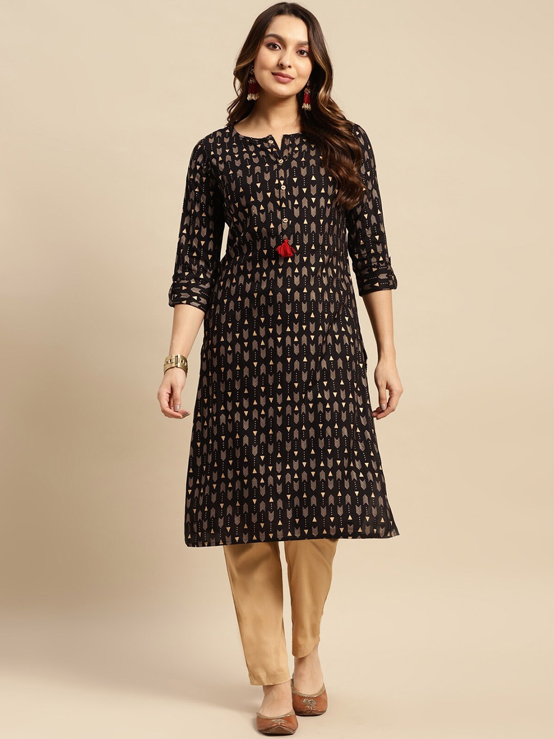 

Rangita Round Neck Geometric Printed Kurta, Black