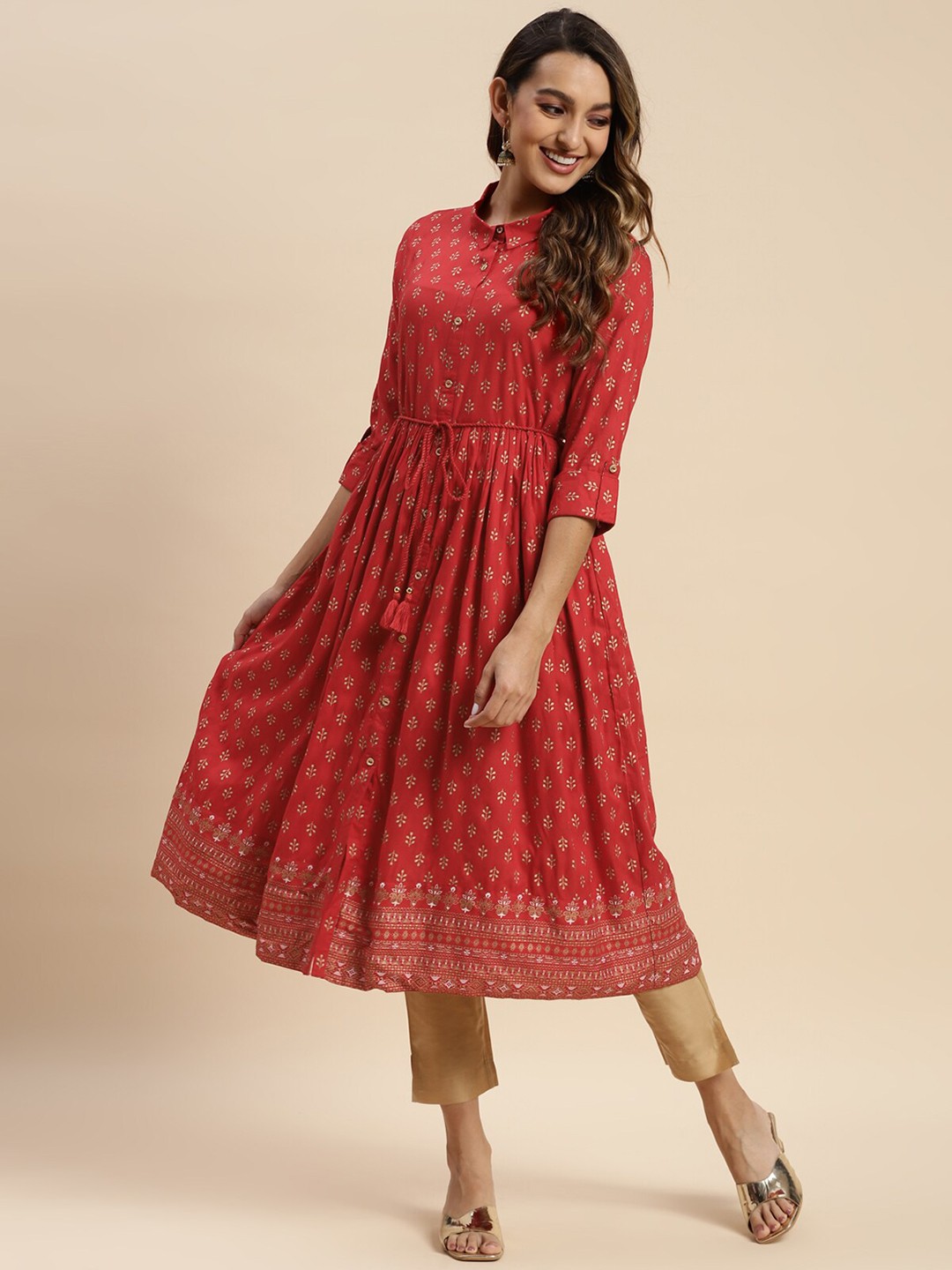 

Rangita Shirt Collar Ethnic Motif Printed Tie-Ups Pleated Roll-Up Sleeve Anarkali Kurta, Red