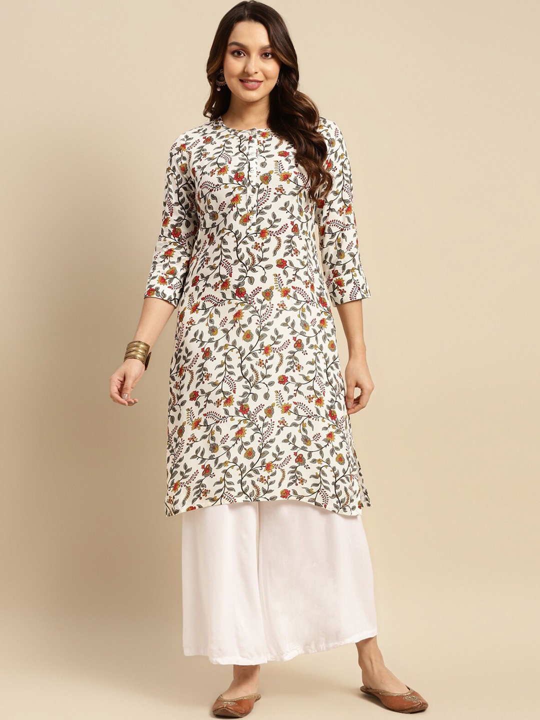 

Rangita Round Neck Floral Printed Roll-Up Sleeve Staright Kurta, White