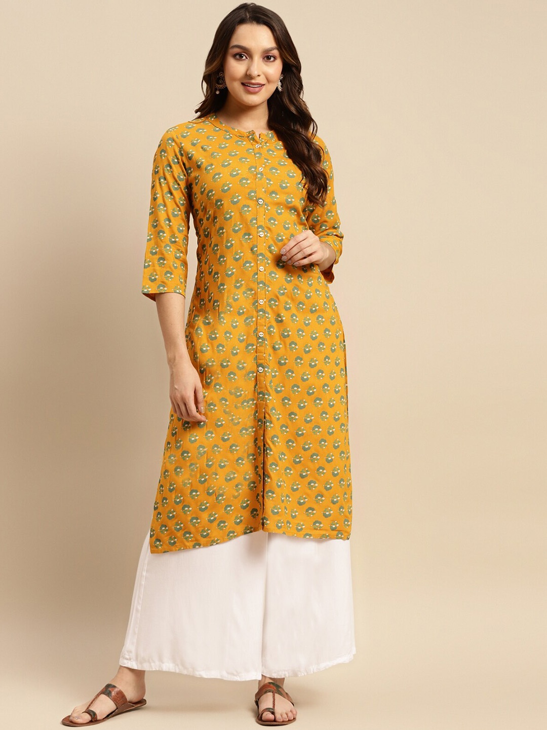 

Rangita Floral Printed Mandarin Collar A Line Kurta, Yellow